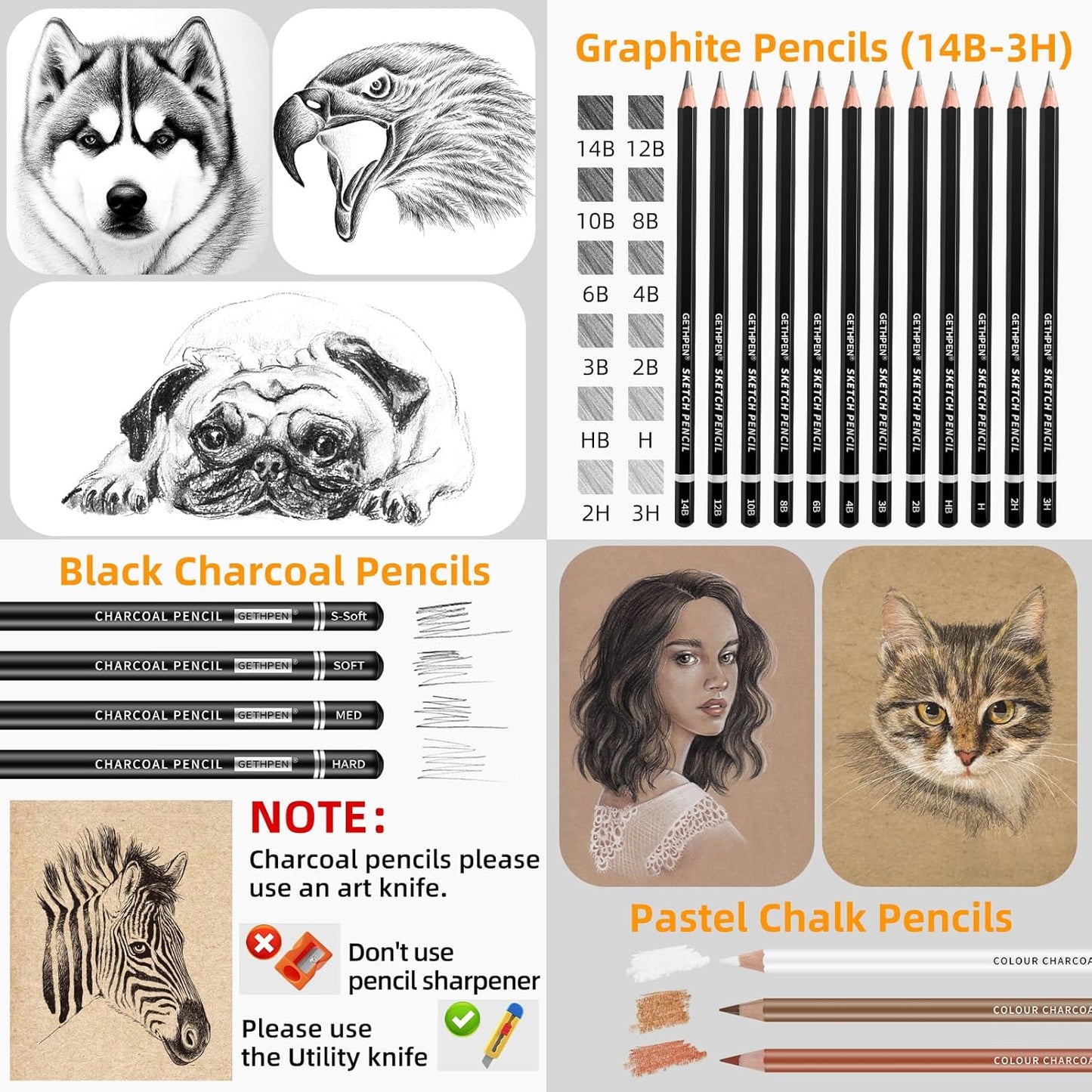 GETHPEN 34Pcs Sketch Drawing Kit, Graphite 14B-4H Charcoal Pencils Sticks | Sketch Pencil Set, (4H-14B) Pencils, Vinyl Eraser, Kneaded Eraser,Sharpener and Paper Blending Stump, Artists and Beginners