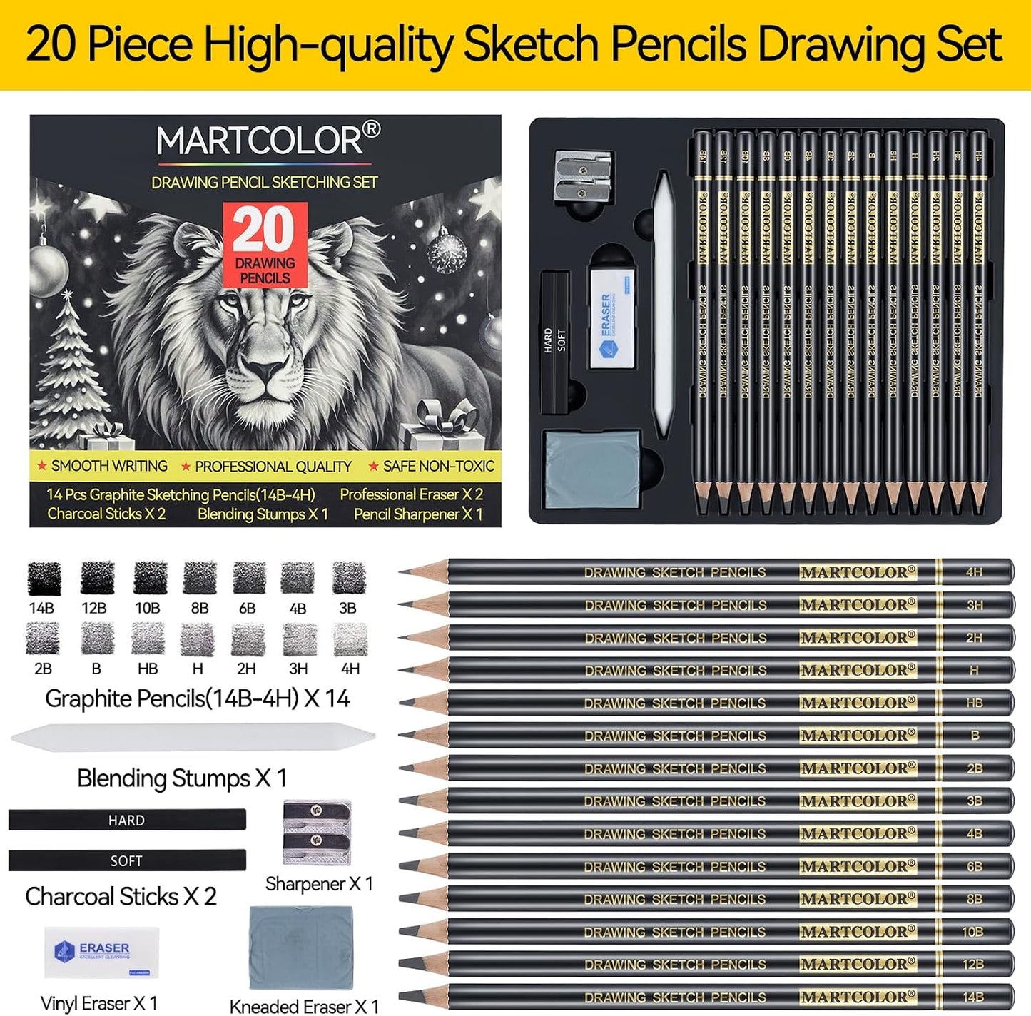 MARTCOLOR 20 Pieces Drawing Sketching Pencil Set, Graphite Pencils (14B-4H) | Charcoal Sticks, Stump, Eraser, Sharpeners, Ideal for Drawing Art, Sketching, Artist Pencils for Beginners & Pro Artists