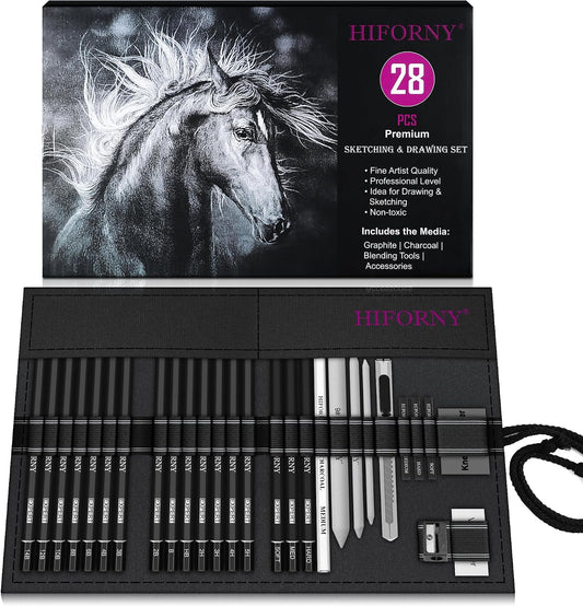 HIFORNY 28 PCS Sketching Drawing Pencil Set,Sketch Pencils Art Supplies with Graphite,Charcoal,Blending Tools,Accessories,Drawing Kit for Adults Artists in Canvas Roll Up Case