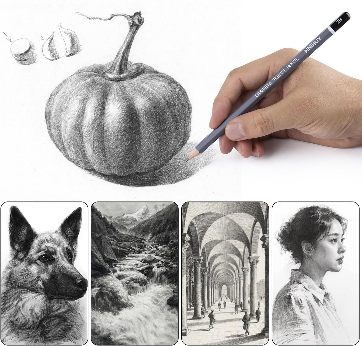 HNIHUY Professional Sketch Pencils Set, 17 Pcs, Graphite Pencils (8B-4H), Erasers and Sharpener, Art Drawing Pencil for Artists Beginner Sketching
