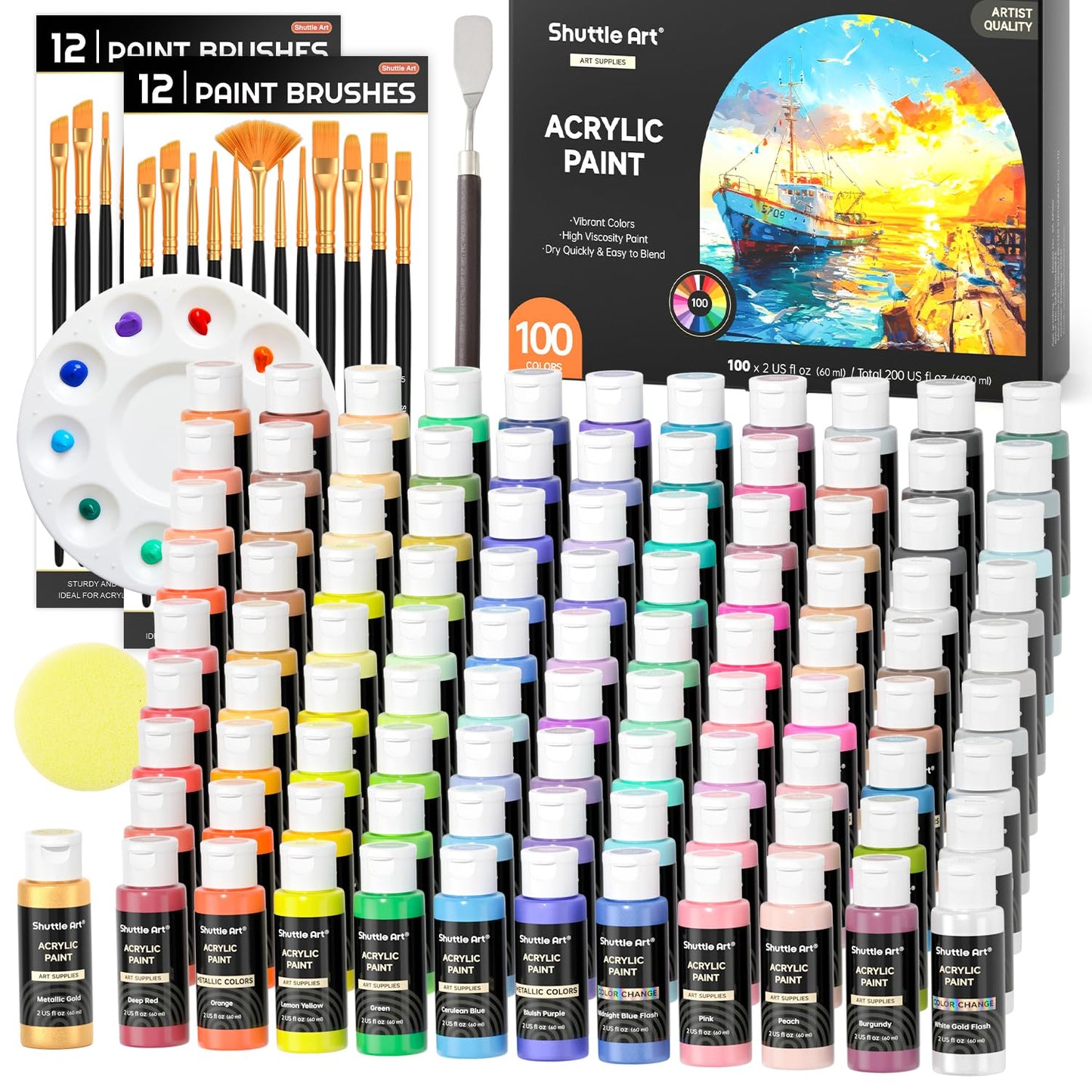 Shuttle Art Acrylic Paint, 25 Colors Acrylic Paint Set, 2oz/60ml Bottles, Rich Pigments Paint for Artists, Beginners and Kids on Canvas Rocks Wood Ceramic Fabric