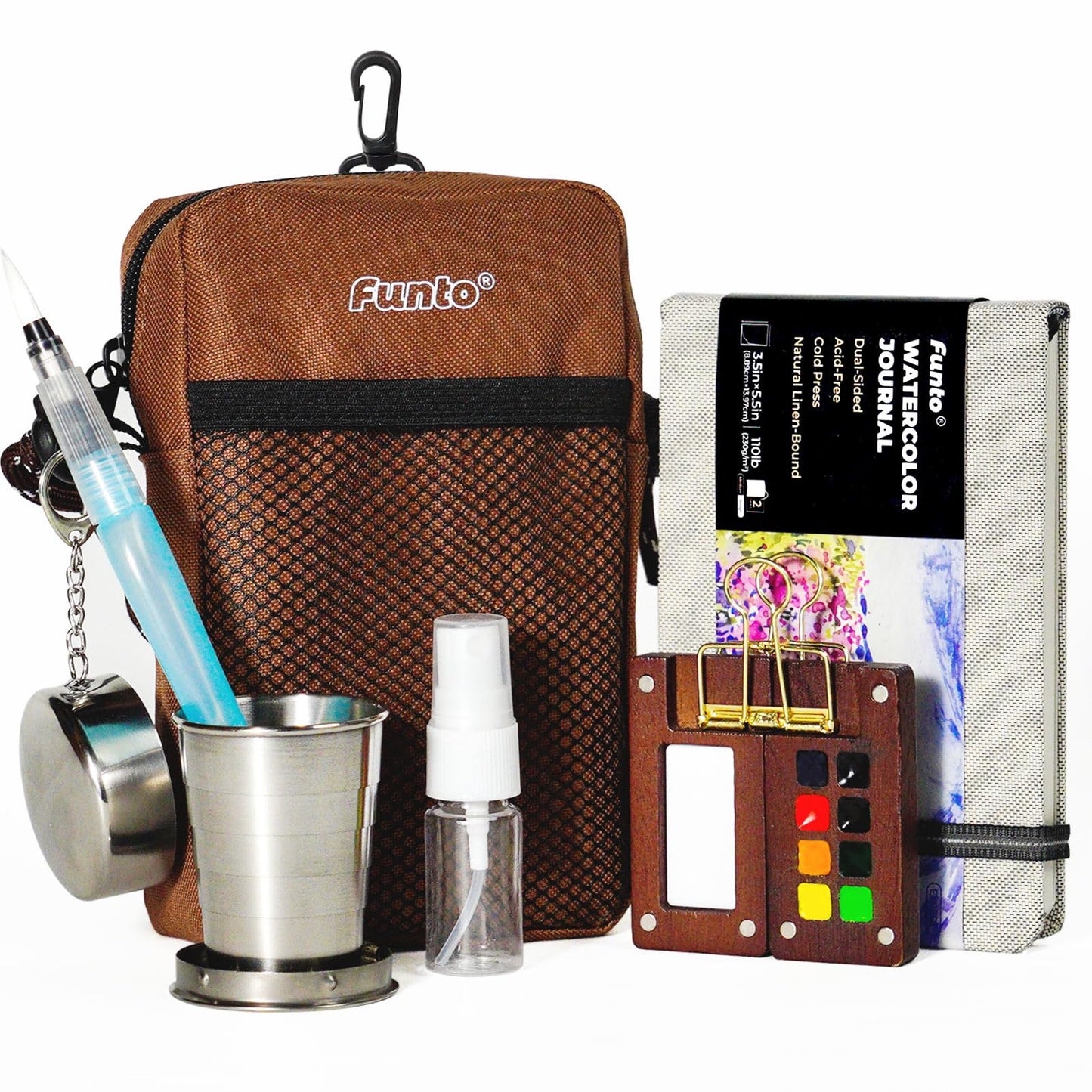 Funto Mini Watercolor Paint Set, All-in-One Walnut Wood 15-Color Premium Pocket Travel Paint Kit, with Crossbody Bag,Watercolor Journal, Metal Clip, Paint Water Cup, Water Brush Ideal for Art Lovers