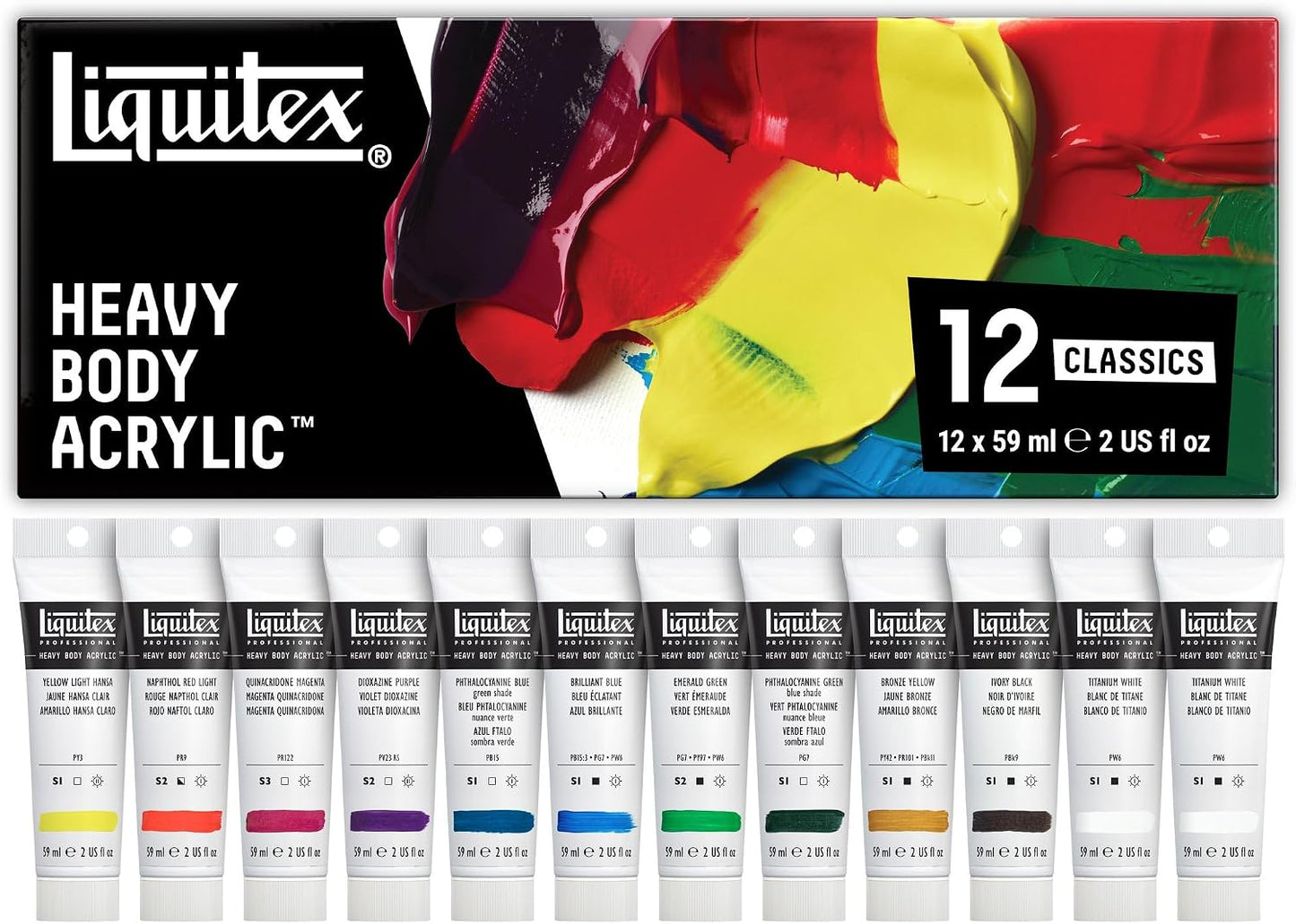Liquitex Professional Heavy Body Acrylic Paint, Classic 12 x 59ml (2-oz) Set