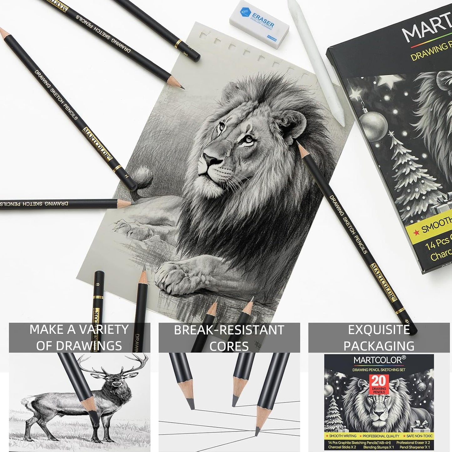 MARTCOLOR 20 Pieces Drawing Sketching Pencil Set, Graphite Pencils (14B-4H) | Charcoal Sticks, Stump, Eraser, Sharpeners, Ideal for Drawing Art, Sketching, Artist Pencils for Beginners & Pro Artists