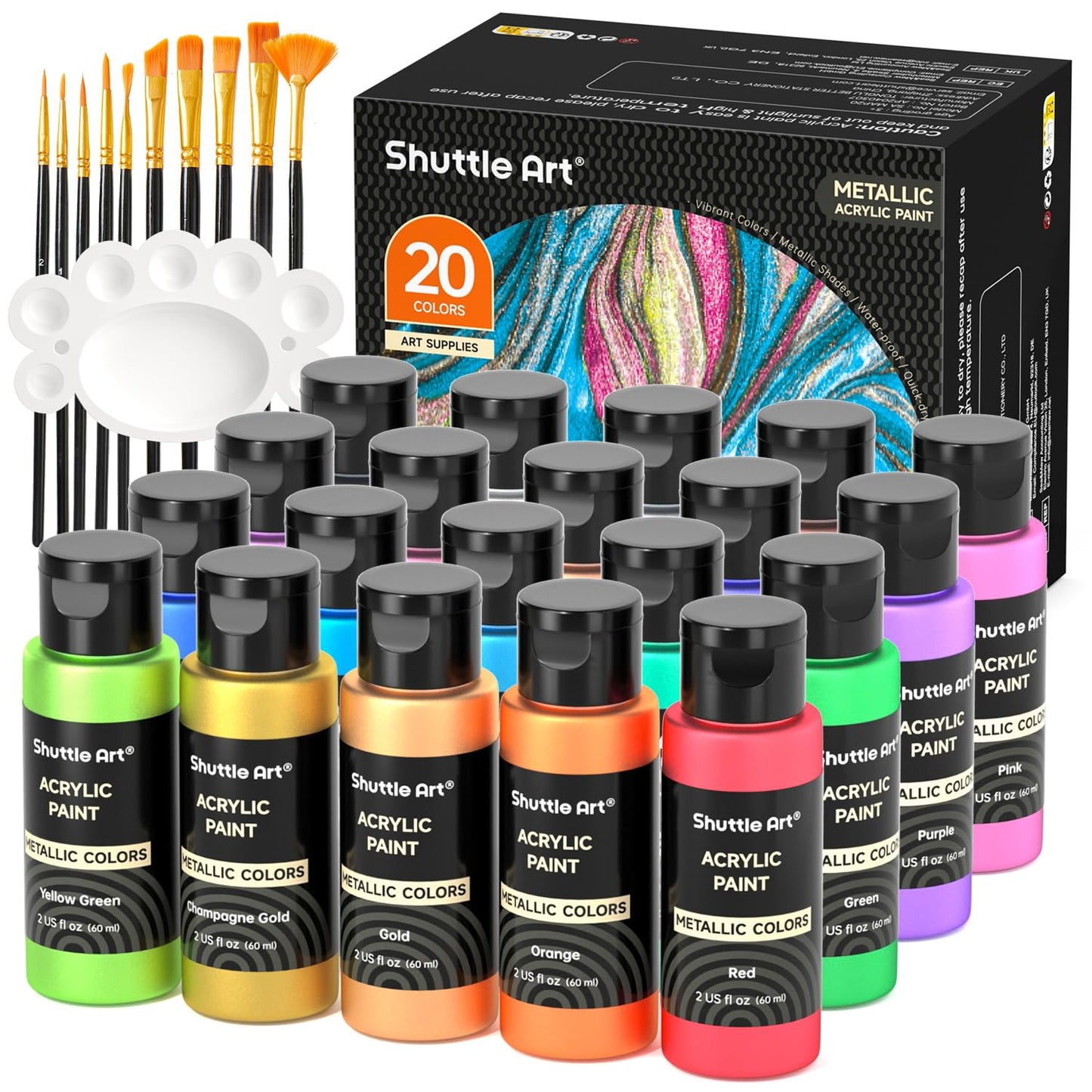 Shuttle Art Acrylic Paint, 25 Colors Acrylic Paint Set, 2oz/60ml Bottles, Rich Pigments Paint for Artists, Beginners and Kids on Canvas Rocks Wood Ceramic Fabric