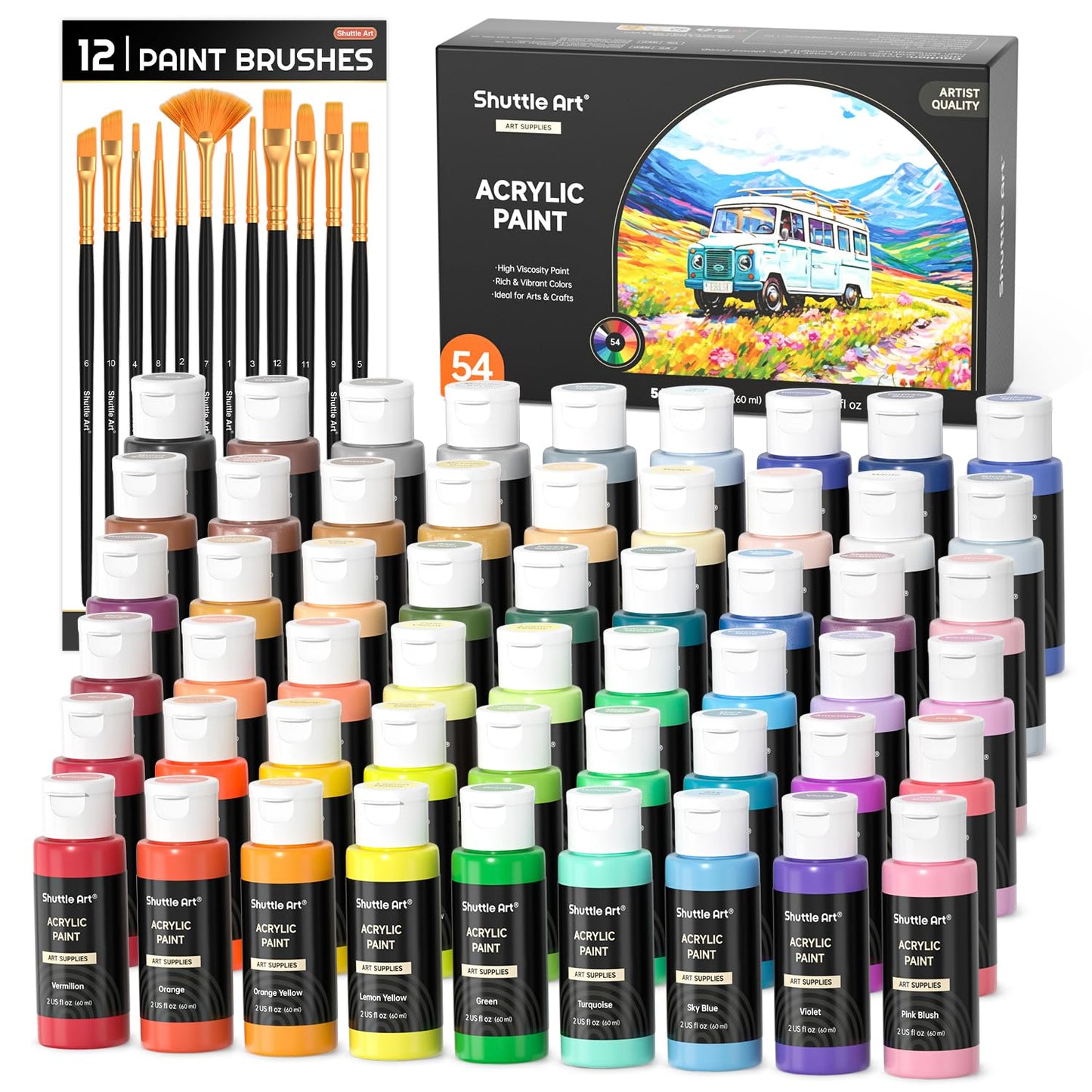 Shuttle Art Acrylic Paint, 36 Colors Acrylic Paint Set with Brushes & Palette, 2oz/60ml Bottles, Rich Pigments Non-toxic for Artists Kids & Adults, Painting on Canvas Rocks Ceramic Wood