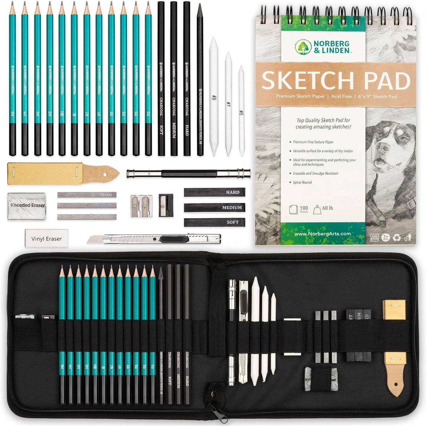 Norberg & Linden XL Drawing Set - Sketching, Graphite and Charcoal Pencils. Includes 100 Page Drawing Pad, Kneaded Eraser, Blending Stump. Art Kit and Supplies for Teens and Adults
