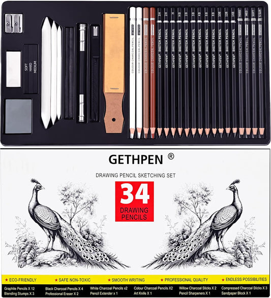 GETHPEN 34Pcs Sketch Drawing Kit, Graphite 14B-4H Charcoal Pencils Sticks | Sketch Pencil Set, (4H-14B) Pencils, Vinyl Eraser, Kneaded Eraser,Sharpener and Paper Blending Stump, Artists and Beginners