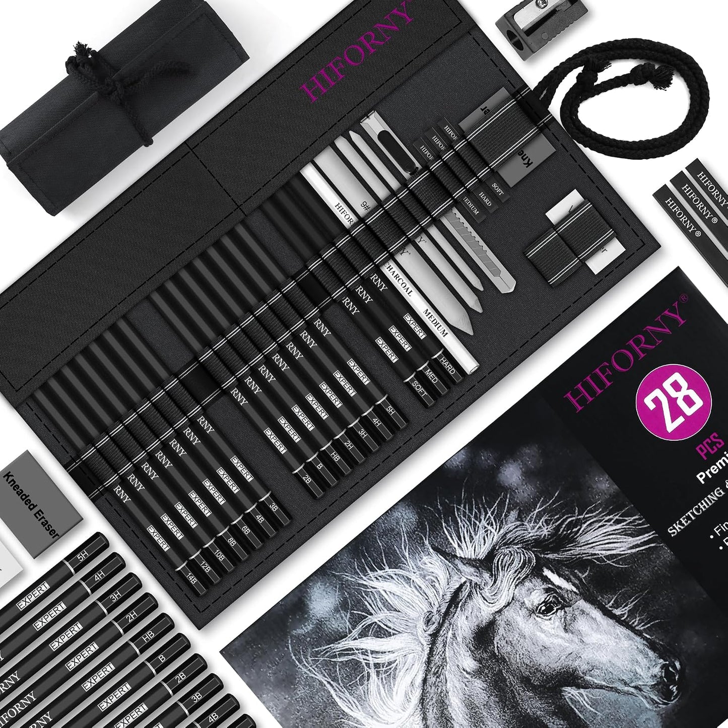 HIFORNY 28 PCS Sketching Drawing Pencil Set,Sketch Pencils Art Supplies with Graphite,Charcoal,Blending Tools,Accessories,Drawing Kit for Adults Artists in Canvas Roll Up Case