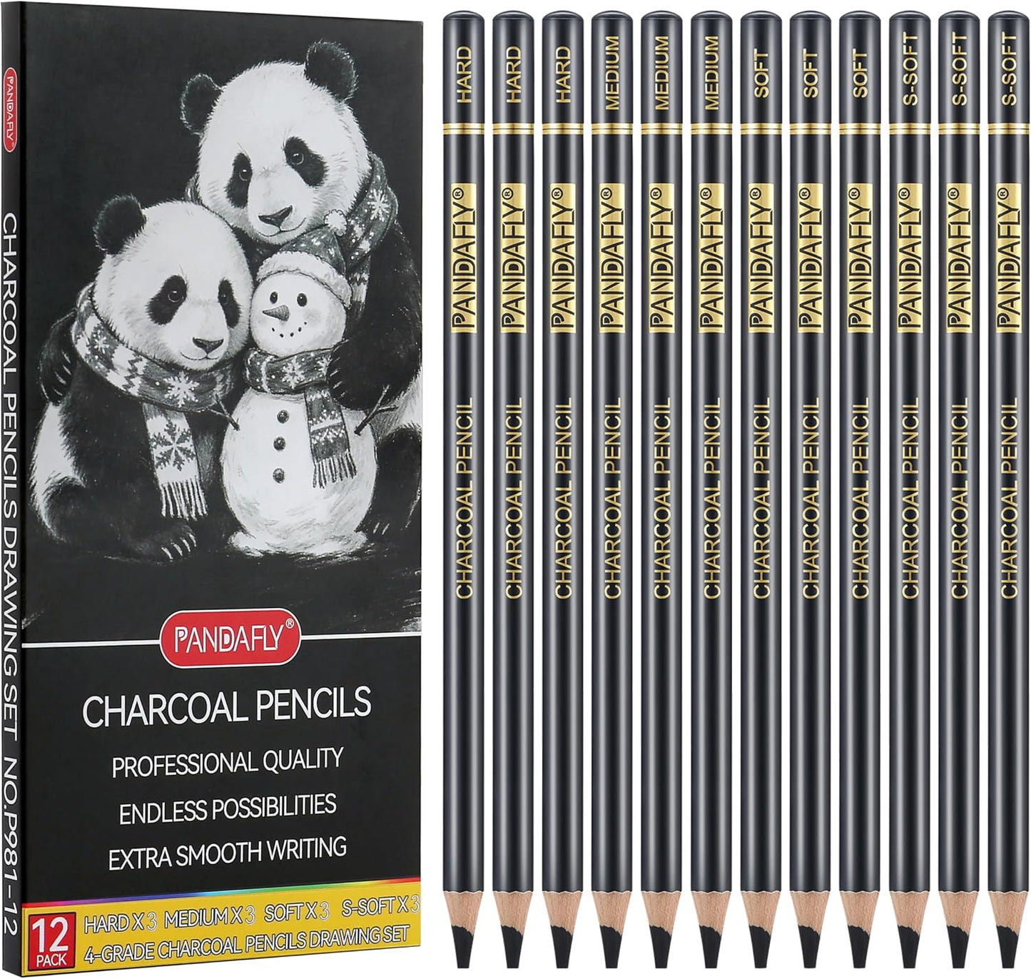 PANDAFLY Charcoal Pencils Set, 12 Pack (Super Soft, Soft, Medium & Hard) | Professional Black Charcoal Pencils for Drawing Sketching Shading, Charcoal Drawing Set for Beginners & Pro Artists