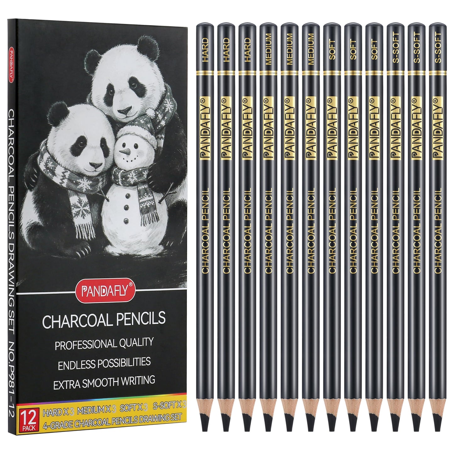 PANDAFLY Charcoal Pencils Set, 12 Pack (Super Soft, Soft, Medium & Hard) | Professional Black Charcoal Pencils for Drawing Sketching Shading, Charcoal Drawing Set for Beginners & Pro Artists