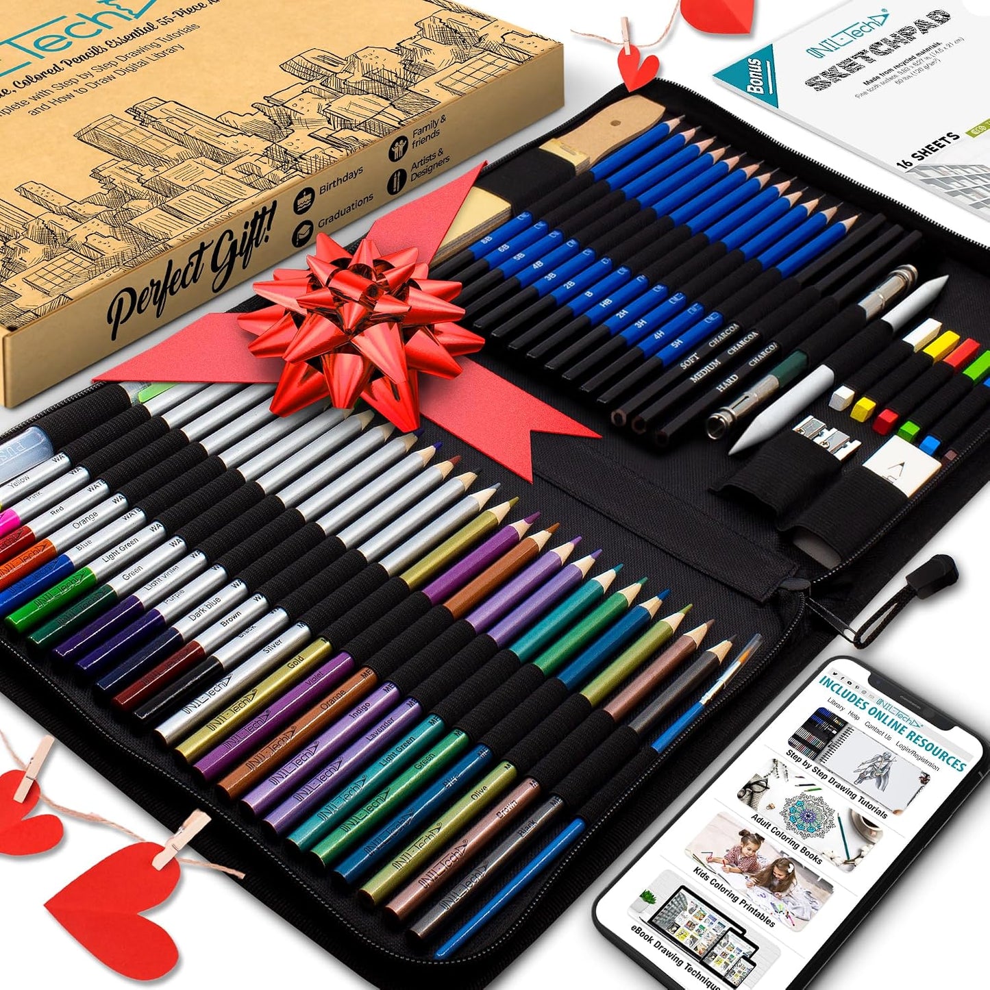 NIL - TECH 55-Piece Drawing Pencil Set – Colored, Graphite & Charcoal Pencils with Case & eBook – Art Supplies Kit for Beginners, Students & Adults – Sketching, Shading & School Gift Set