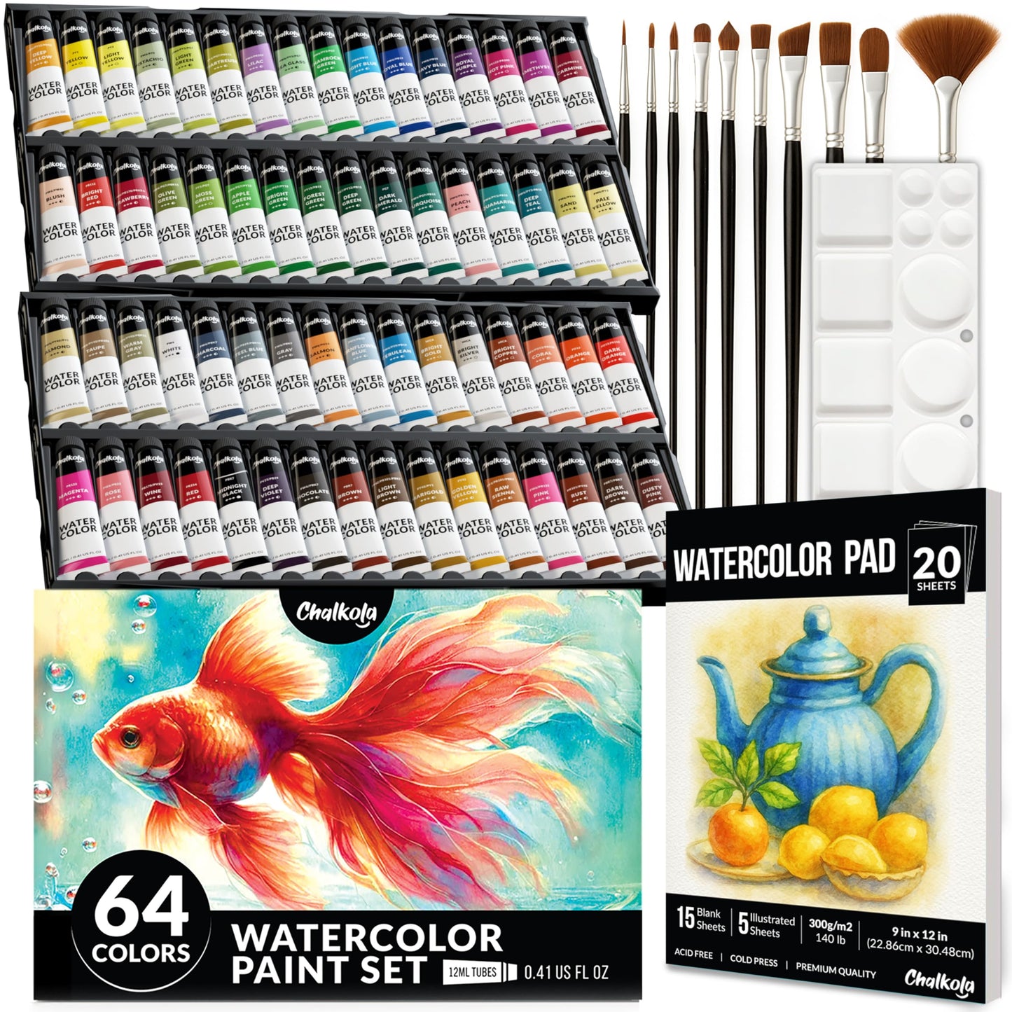 Chalkola 36 Watercolor Paint Set for Adults, Kids & Professional Artists | 36 Watercolor Paint Tubes (12ml, 0.4oz), 10 Painting Brushes & 1 Palette - Vibrant Water Color Art Painting Supplies