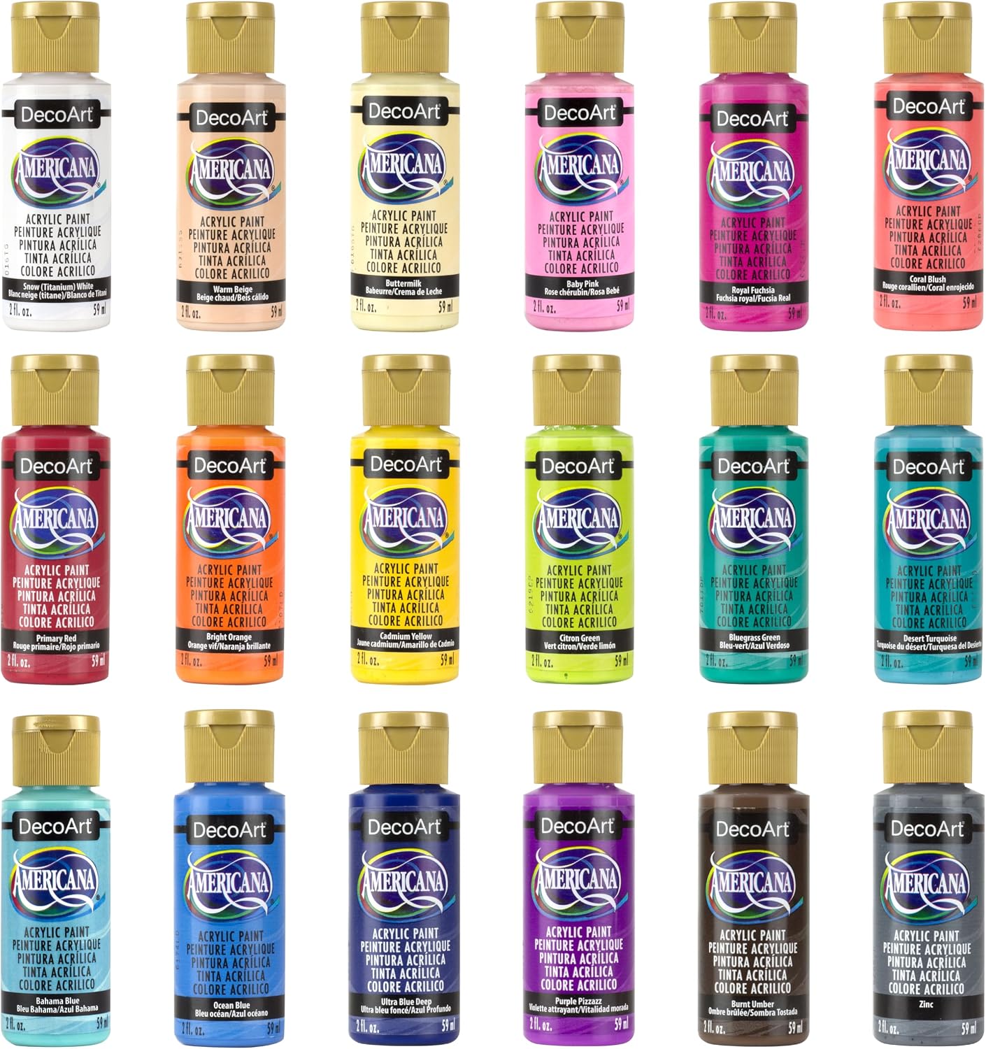 DecoArt Americana Acrylic Paint Set – Popular Colors, 18 Bottles (2 fl oz) – Art and Craft Acrylic Paints for Canvas, Wood, and More
