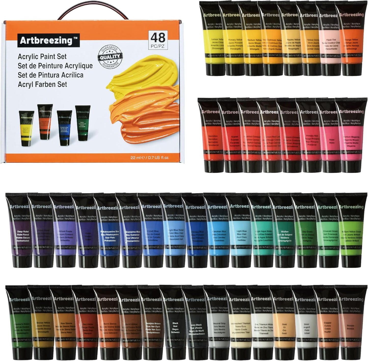 48 Colors Professional Acrylic Paint Set, Artist Paint Supplies | 22ml Tubes, Paint Set for Canvas, Crafts, Clay, Rocks, Paper etc., Basics Art Supplies, Giftable Set for Artists, Beginners