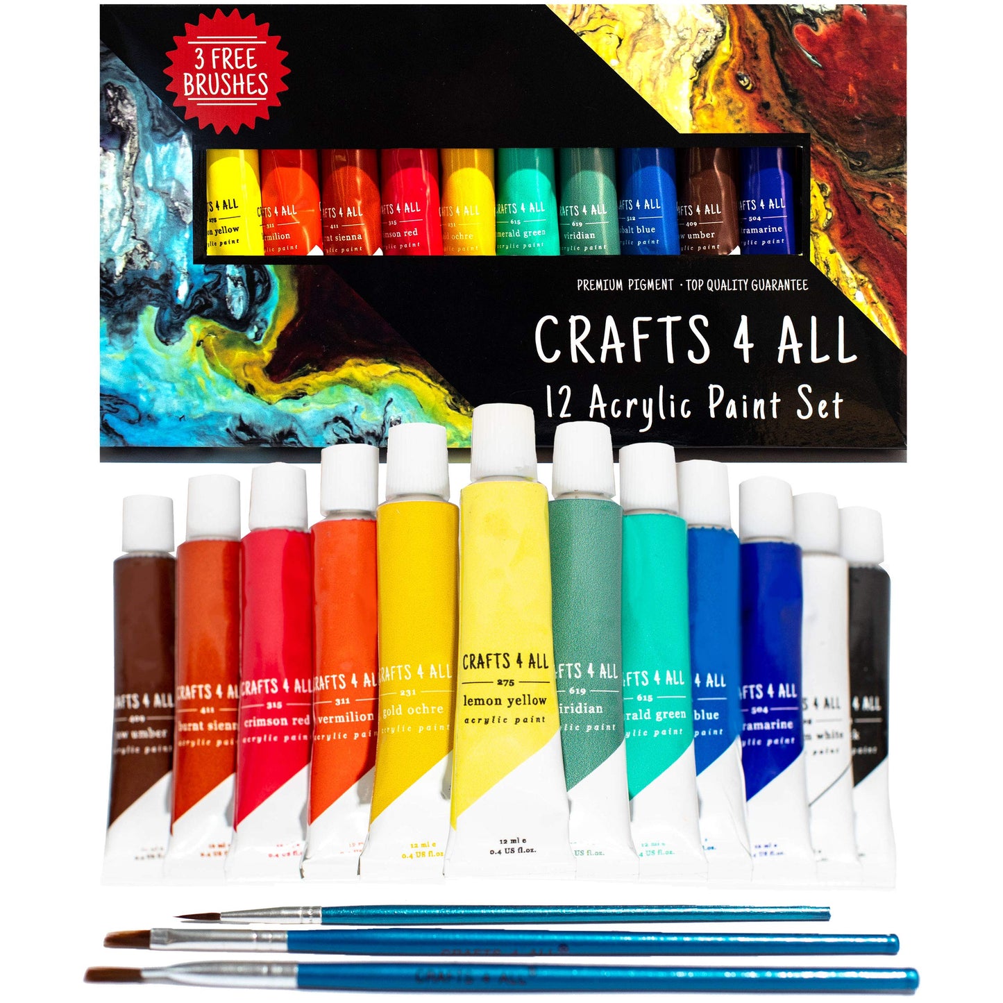 Crafts 4 All Acrylic Paint Set for Adults and Artists - 24 Pack of 12mL Paints with 3 Art Brushes, Non-Toxic Craft Paint for Easter Eggs, Ceramic Rock- Art Supplies