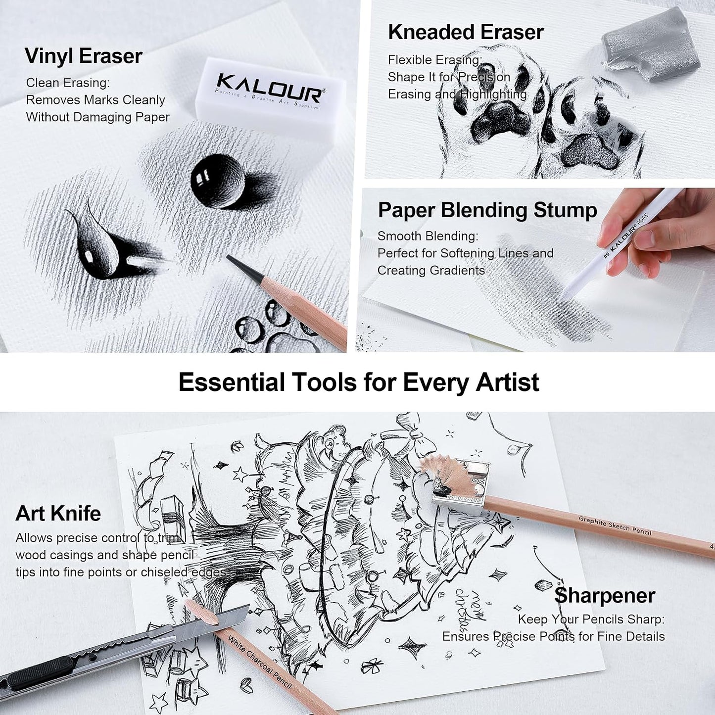KALOUR 28 Pro Sketching Drawing Pencils Set – 14 Graphite Pencils (14B–5H), Charcoal Pencils, Erasers, Sharpener & Stumps – Complete Art Kit for Artists & Beginner