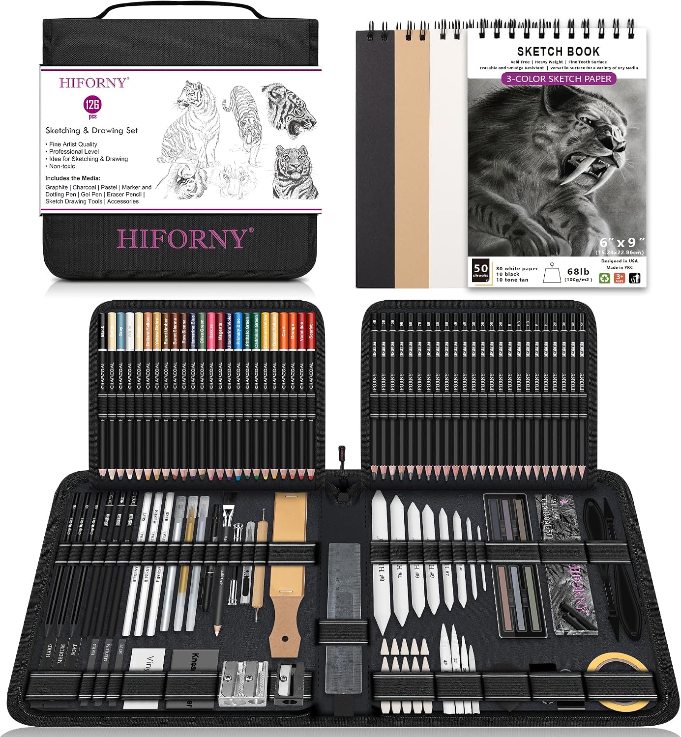 HIFORNY 126 PCS Drawing Kit Sketching Pencil Set,Sketch Pencils Art Supplies with 3-Color Sketchbook,Graphite,Charcoal,Blending Tools,Drawing Pencils for Adults Artists in Zipper Case