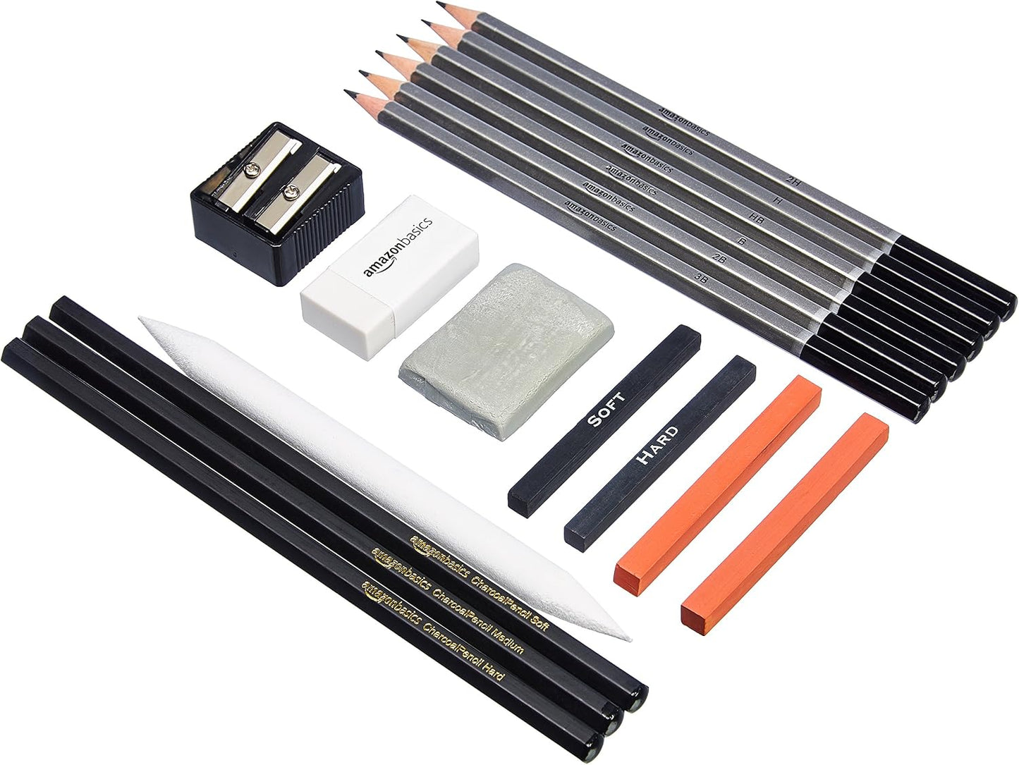 Amazon Basics Sketching and Drawing Art Pencil Kit, 17-Piece Set for Artists, Drawing Supplies with Pencils, Charcoal, Erasers, Sharpener for Shading, Black, White