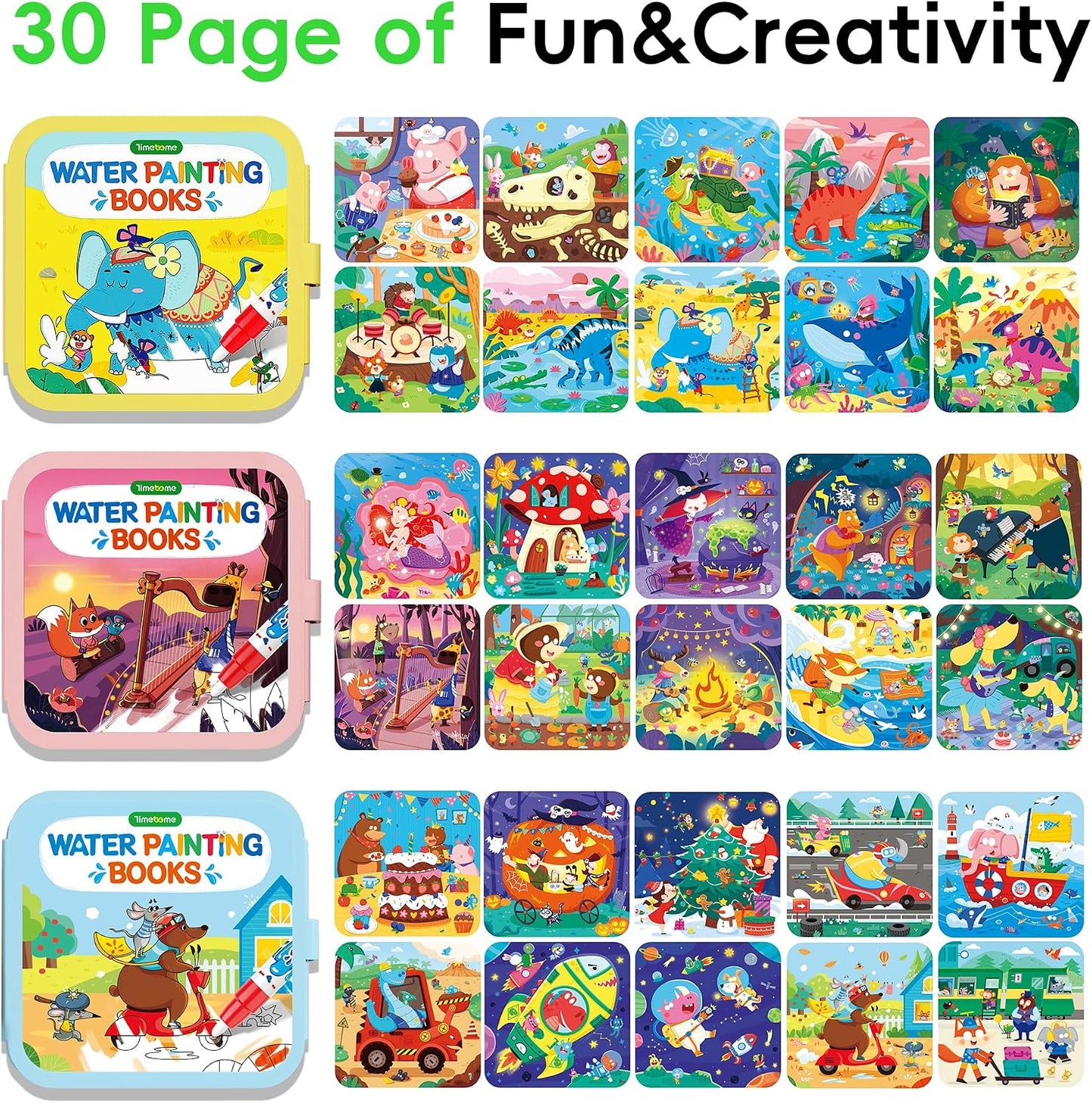 Timetome Water Painting Books for Kids Ages 3-6 | Water Coloring Books with Water Pens, No Mess Travel Toy for Kids to Develop Creativity, Fine Motor Skills and Early Learning