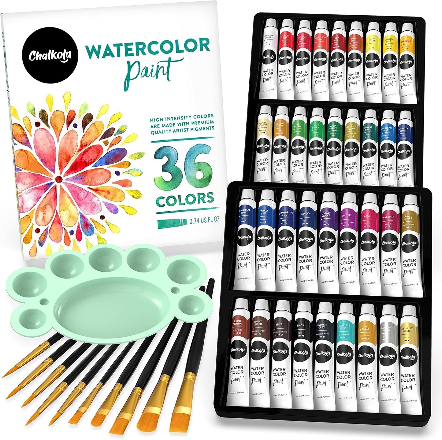 Chalkola 36 Watercolor Paint Set for Adults, Kids & Professional Artists | 36 Watercolor Paint Tubes (12ml, 0.4oz), 10 Painting Brushes & 1 Palette - Vibrant Water Color Art Painting Supplies