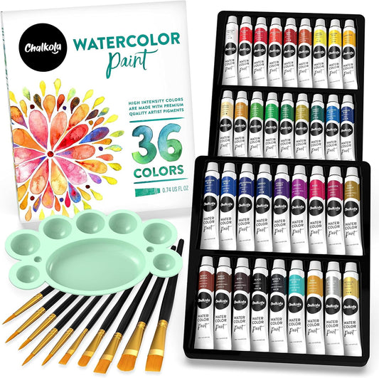 Chalkola 36 Watercolor Paint Set for Adults, Kids & Professional Artists | 36 Watercolor Paint Tubes (12ml, 0.4oz), 10 Painting Brushes & 1 Palette - Vibrant Water Color Art Painting Supplies