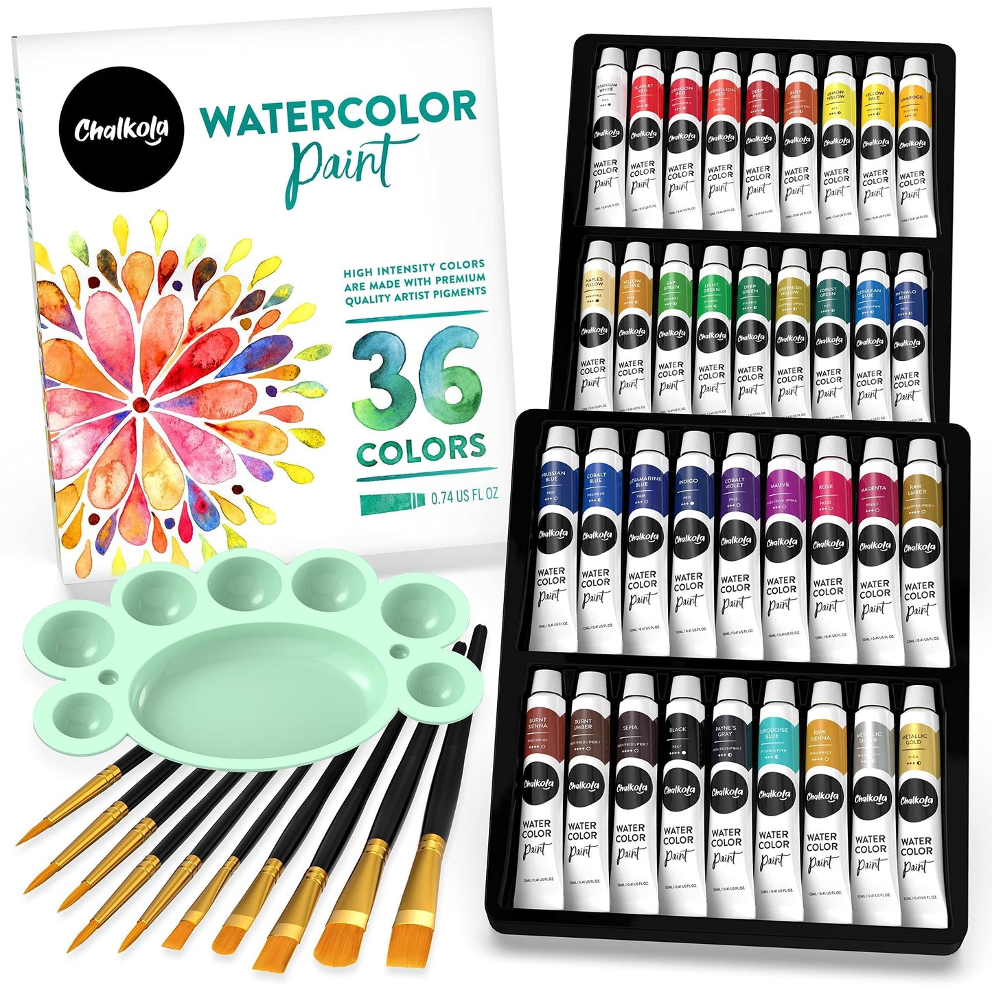 Chalkola 36 Watercolor Paint Set for Adults, Kids & Professional Artists | 36 Watercolor Paint Tubes (12ml, 0.4oz), 10 Painting Brushes & 1 Palette - Vibrant Water Color Art Painting Supplies