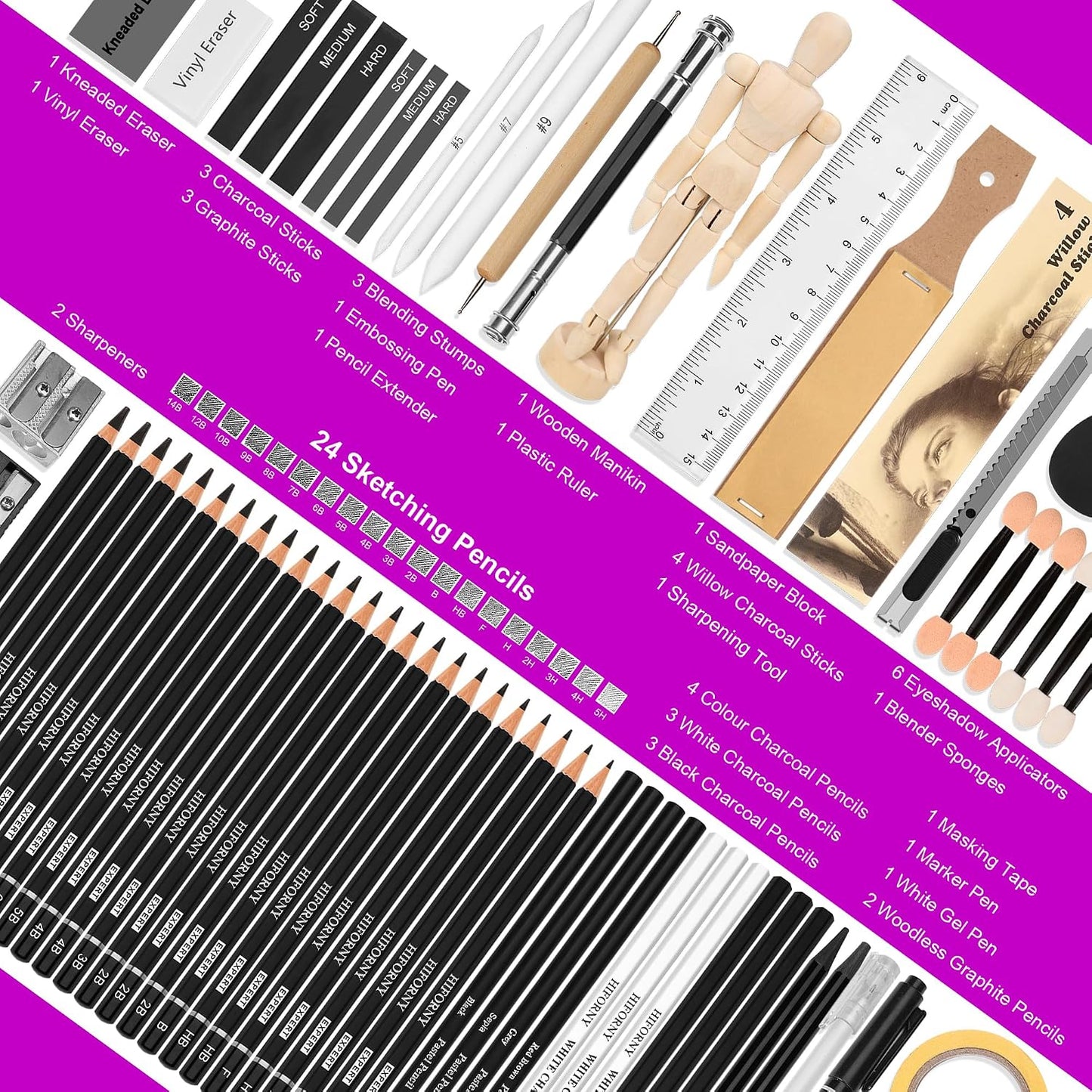 HIFORNY 70 PCS Drawing Set Sketching Kit,Sketch Pencils Art Supplies with Graphite,Charcoal,Blending Tools & Accessories,Portable Zippered Travel Case for Artists & Beginners
