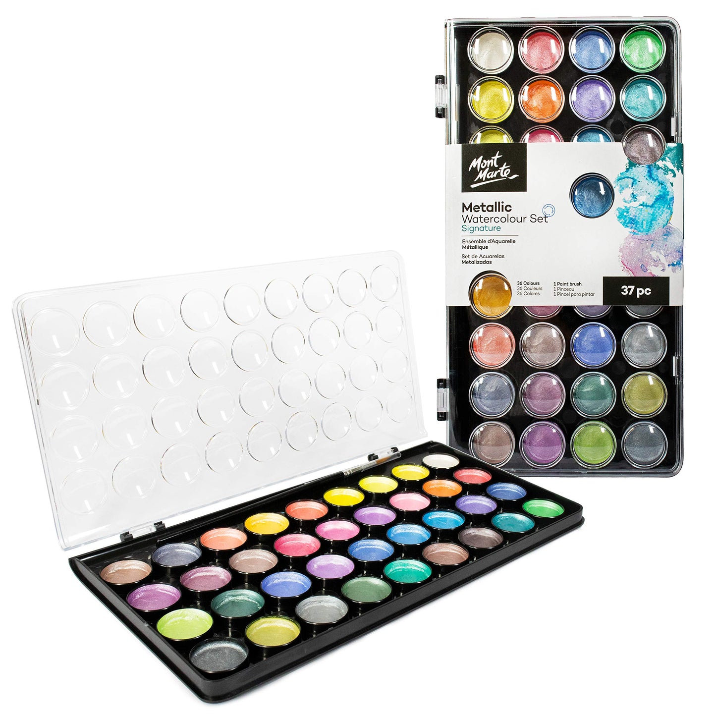 Mont Marte Watercolor Set Full Pan Signature 13pc in Tin, Vibrant, Multi-Color with Translucent Finish, Portable Watercolor Set