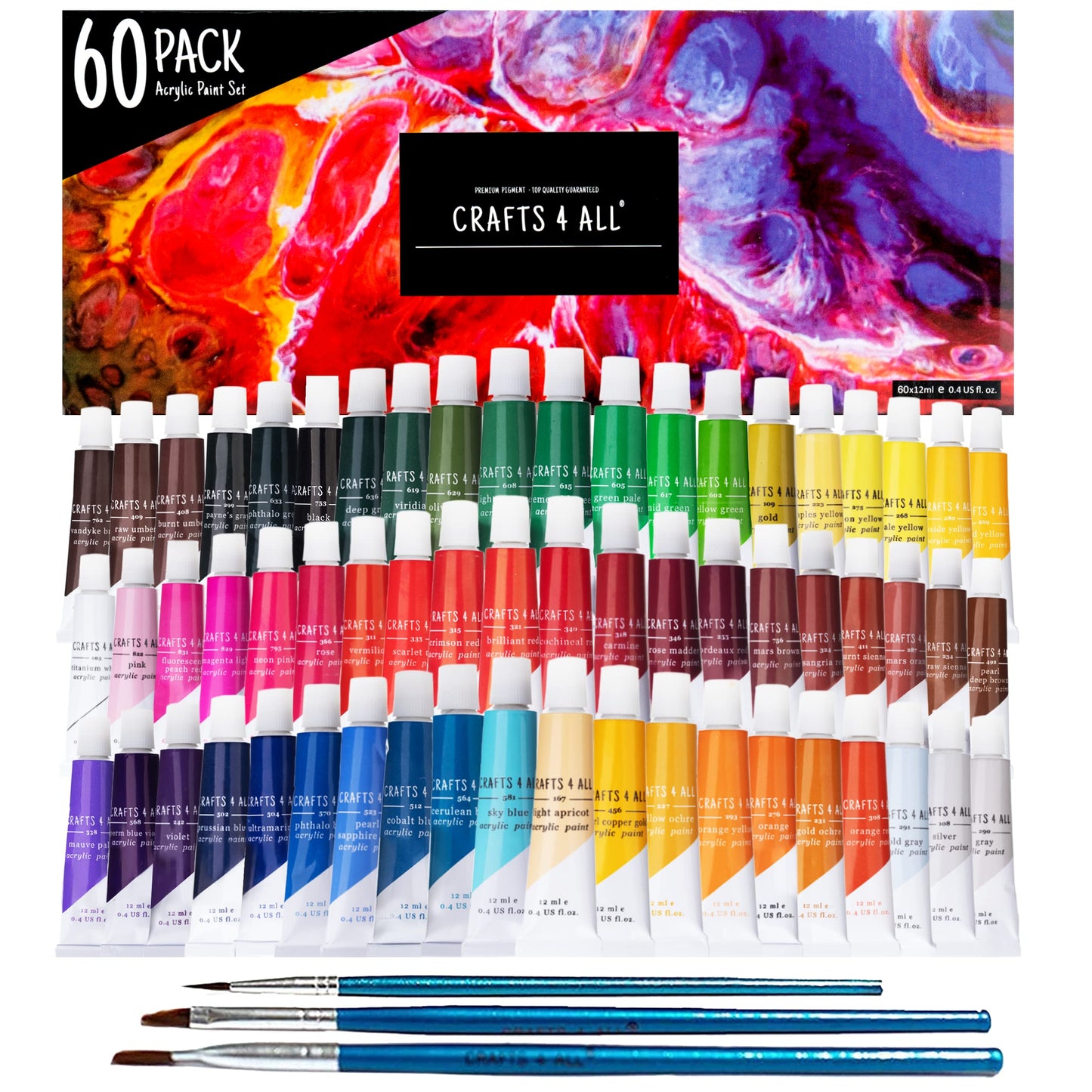 Crafts 4 All Acrylic Paint Set for Adults and Artists - 24 Pack of 12mL Paints with 3 Art Brushes, Non-Toxic Craft Paint for Easter Eggs, Ceramic Rock- Art Supplies