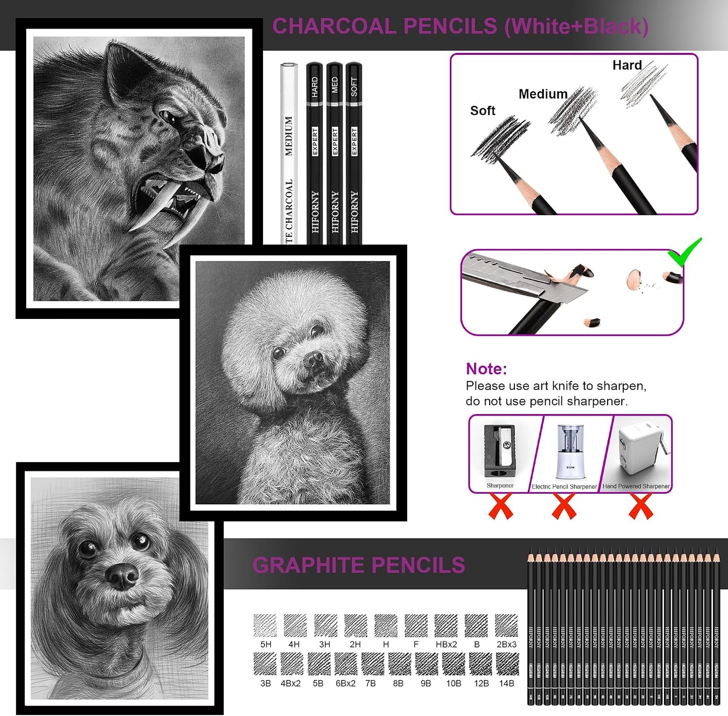 HIFORNY 58 PCS Drawing Kit Sketching Pencil Set,Sketch Pencils Art Supplies with 3-Color Sketchbook,Graphite,Charcoal,Blending Tools,Drawing Pencils for Adults Artists
